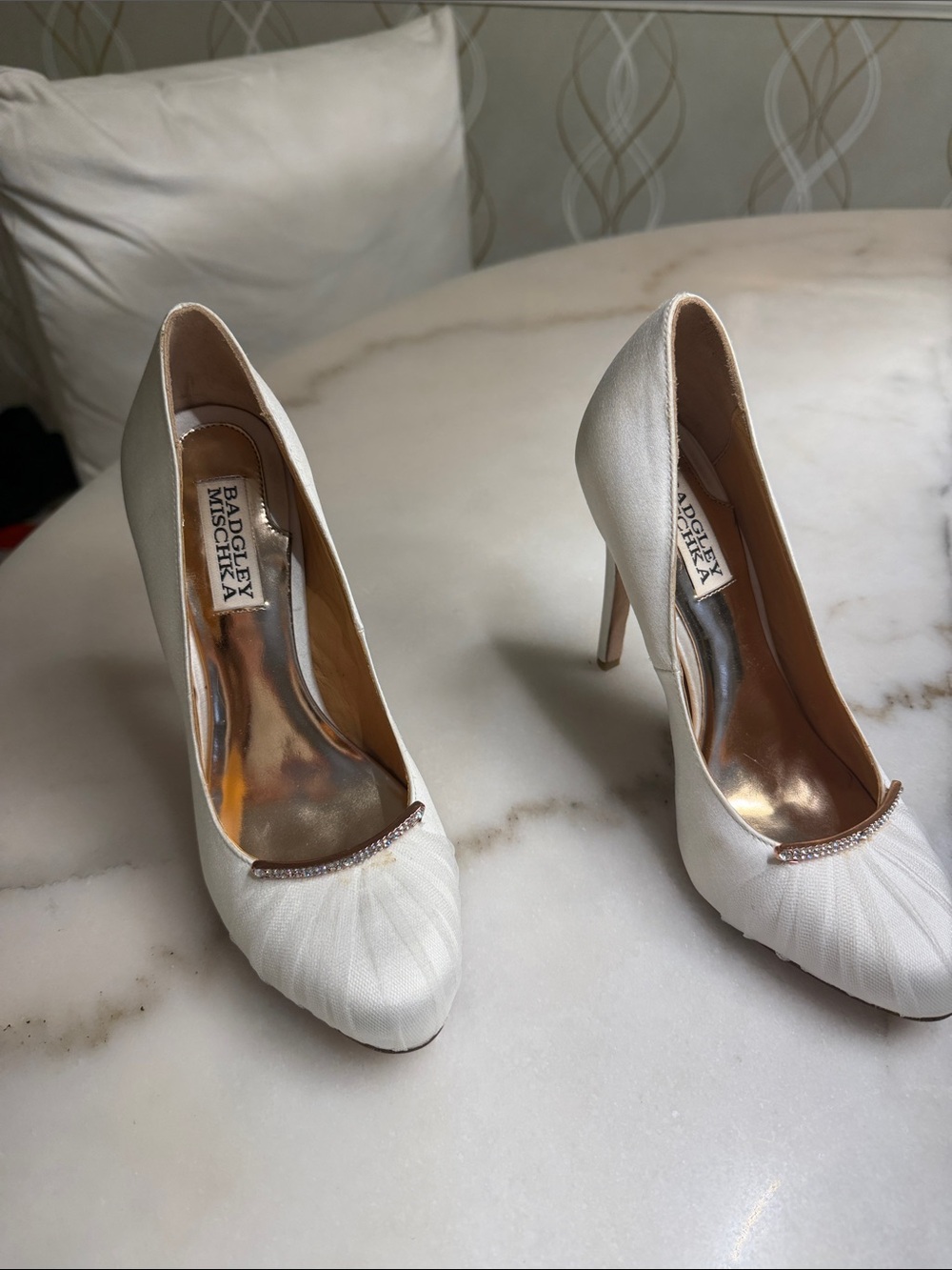 Badgley Mischka  white satin shoes with Swarovski crystals